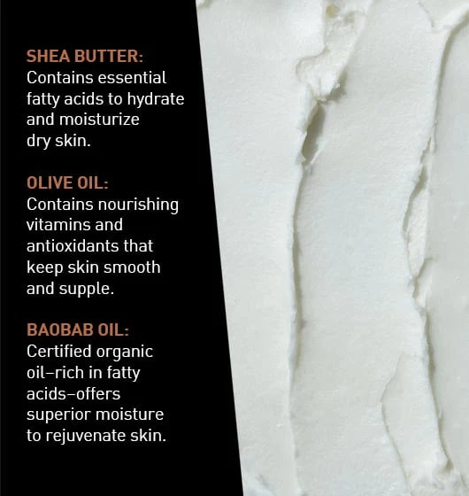 Close-up of a creamy, white texture with text highlighting the skin benefits of shea butter, olive oil, and baobab oil—an ultra-nourishing blend in Jack Black’s Black Reserve Hydrating Body Lotion, perfect as a masculine moisturizer.