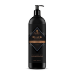 A black bottle of Jack Black Black Reserve Hydrating Body Lotion with a convenient pump dispenser, adorned with gold and blue label accents and text highlighting its cedarwood and cardamom scent. This masculine moisturizer is enriched with Shea Butter to provide deep hydration.