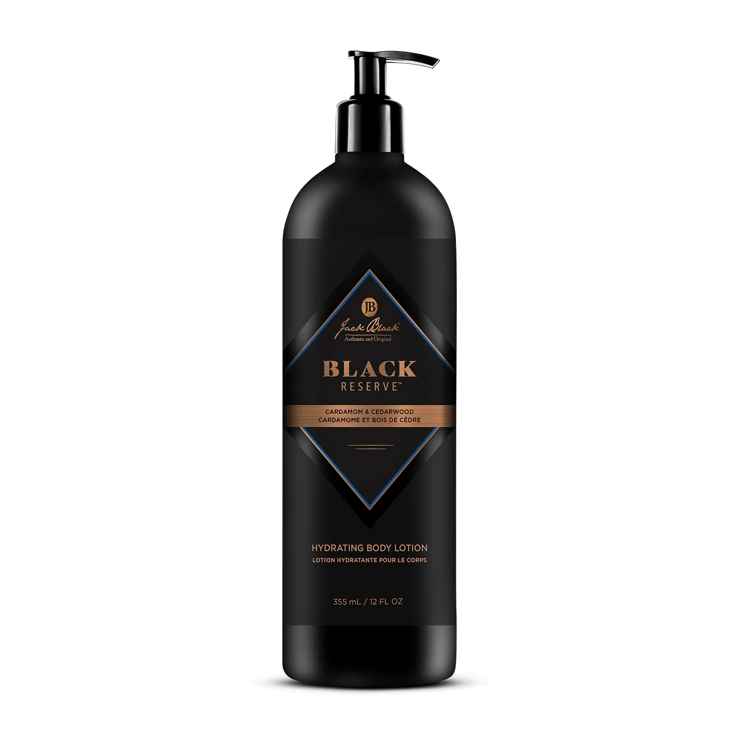 A black bottle of Jack Black Black Reserve Hydrating Body Lotion with a convenient pump dispenser, adorned with gold and blue label accents and text highlighting its cedarwood and cardamom scent. This masculine moisturizer is enriched with Shea Butter to provide deep hydration.