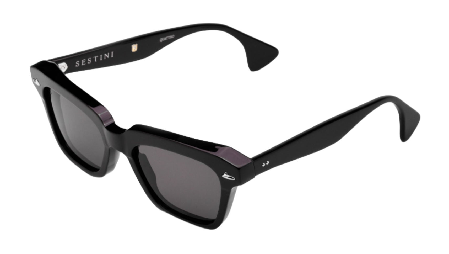 The Sestini Quattro sunglasses feature limited-edition black square frames made from Italian acetate and are equipped with dark lenses, with the "Sestini" brand name elegantly inscribed on the inner temple.