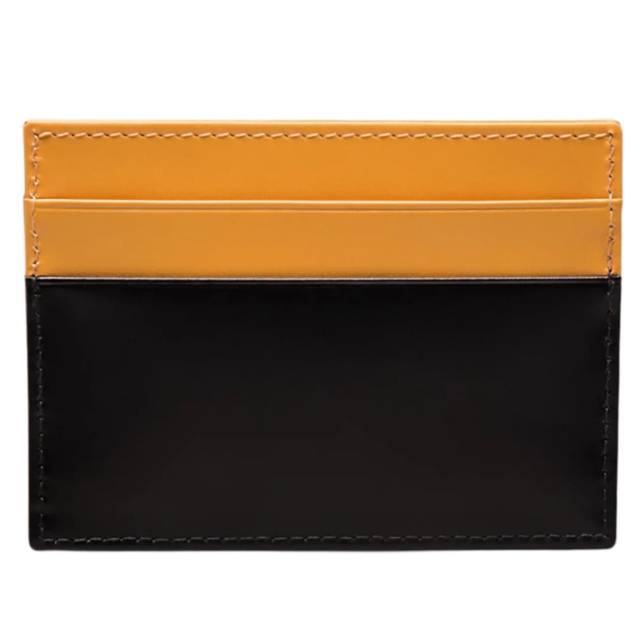 Introducing the Ettinger Bridle Flat Credit Card Case by Ettinger, a black and yellow cardholder meticulously crafted from bridle hide leather with visible stitching. It features multiple card pockets for optimal organization.