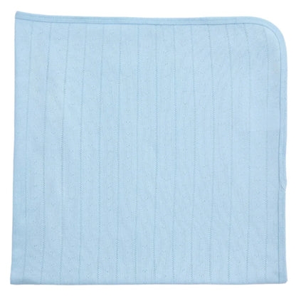 The Magnetic Me Love Lines Baby Blanket by Magnetic Me is a light blue, ribbed organic cotton square with rounded edges, thoughtfully designed with pointelle stitching for added texture.