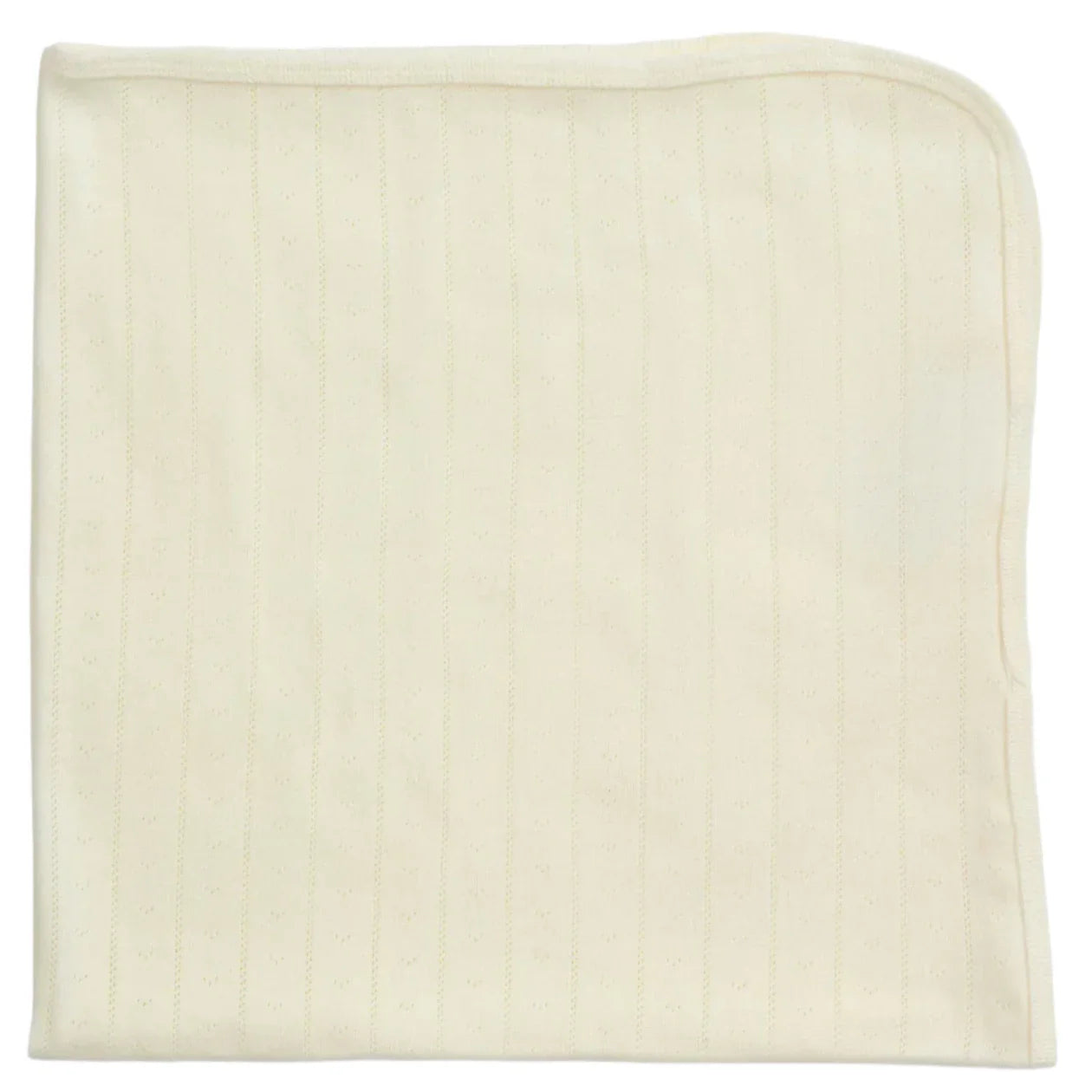 The Magnetic Me Love Lines Baby Blanket by Magnetic Me is a plain, square, beige cloth with thin vertical stripes and one rounded corner. This GOTS certified piece highlights sustainability and quality for peace of mind.