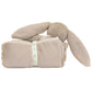 The Jellycat Bashful Beige Bunny Blankie from Jellycat is a plush beige bunny toy wrapped around a soft blanket, secured with a white band featuring blue designs. Crafted with care, it also incorporates recycled fibers for an eco-friendly touch.