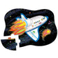 A vibrant Crocodile Creek Blast Off 12 Piece Mini Puzzle depicts a cartoon space shuttle zooming through space, with flames trailing as it travels across the starry sky. One puzzle piece is missing.