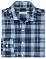 Folded Peter Millar Langley Summer Soft Cotton Sport Shirt in blue, green, and white plaid pattern with the brand label "Peter Millar" visible.