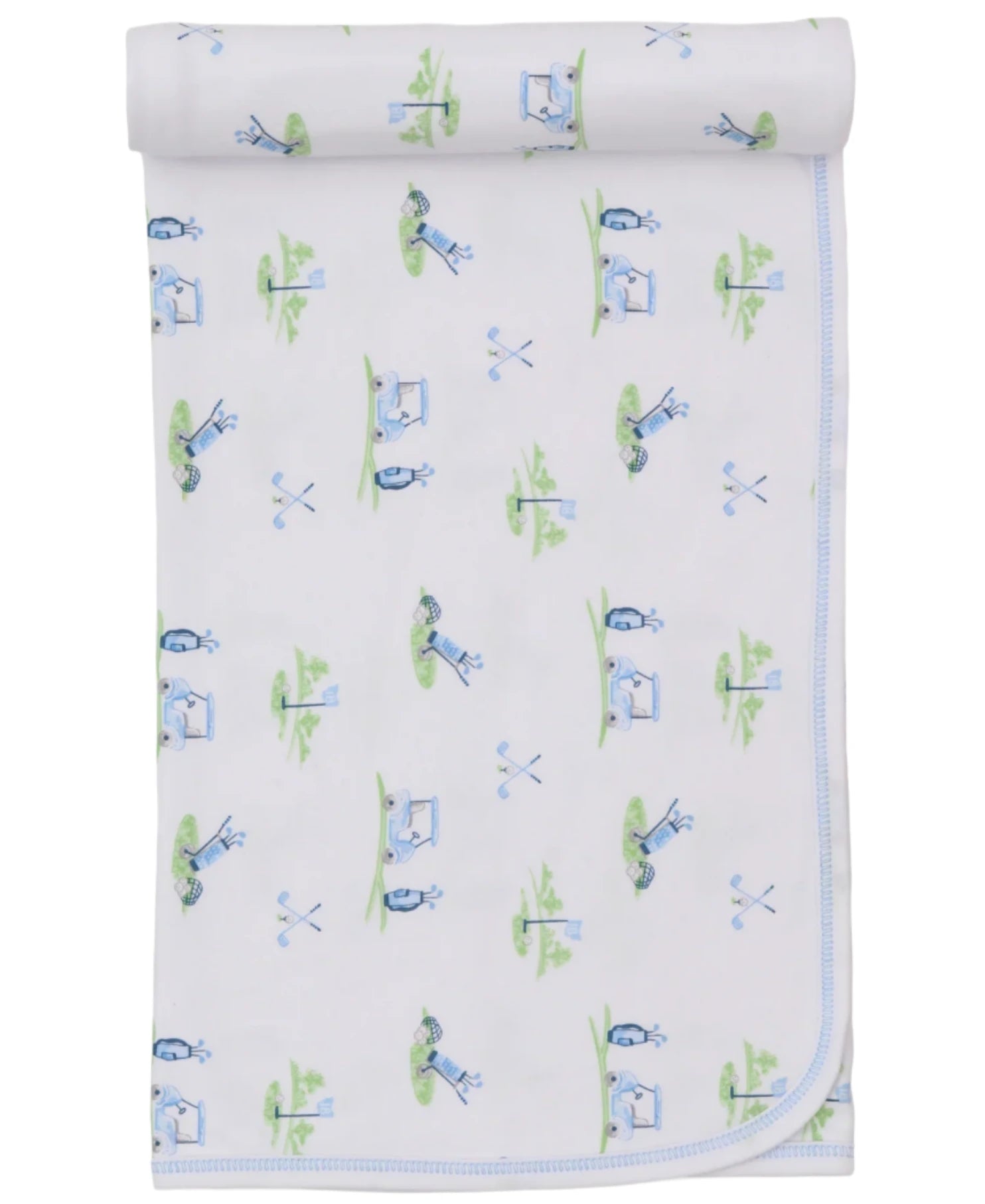 The Kissy Kissy Fairway Foursome Printed Blanket, made from folded Pima cotton, features a golf-themed print with golfers, clubs, and flags in blue and green on a white background.