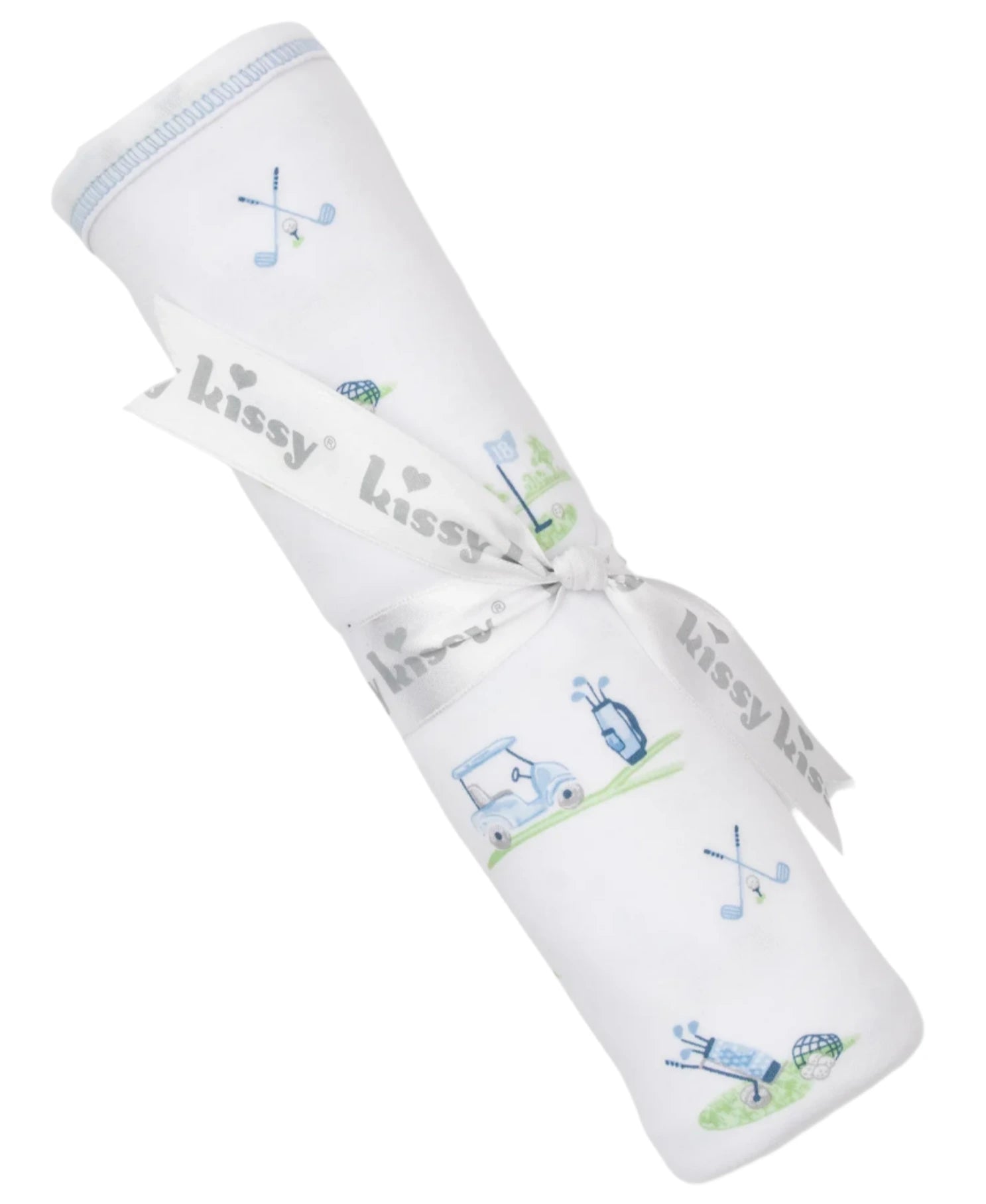 White Pima cotton Kissy Kissy Fairway Foursome Printed Blanket with blue golf-themed designs, rolled and tied with a "Kissy Kissy" ribbon.