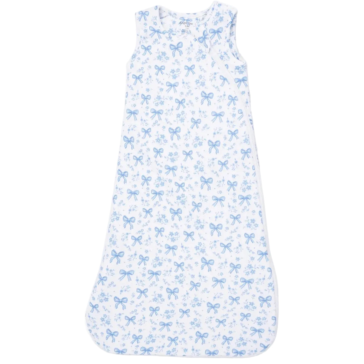 The Angel Dear Baby Sleep Bag is a sleeveless white sleep sack made from soft bamboo fabric, decorated with light blue bows and flowers, and designed with a convenient side zipper.