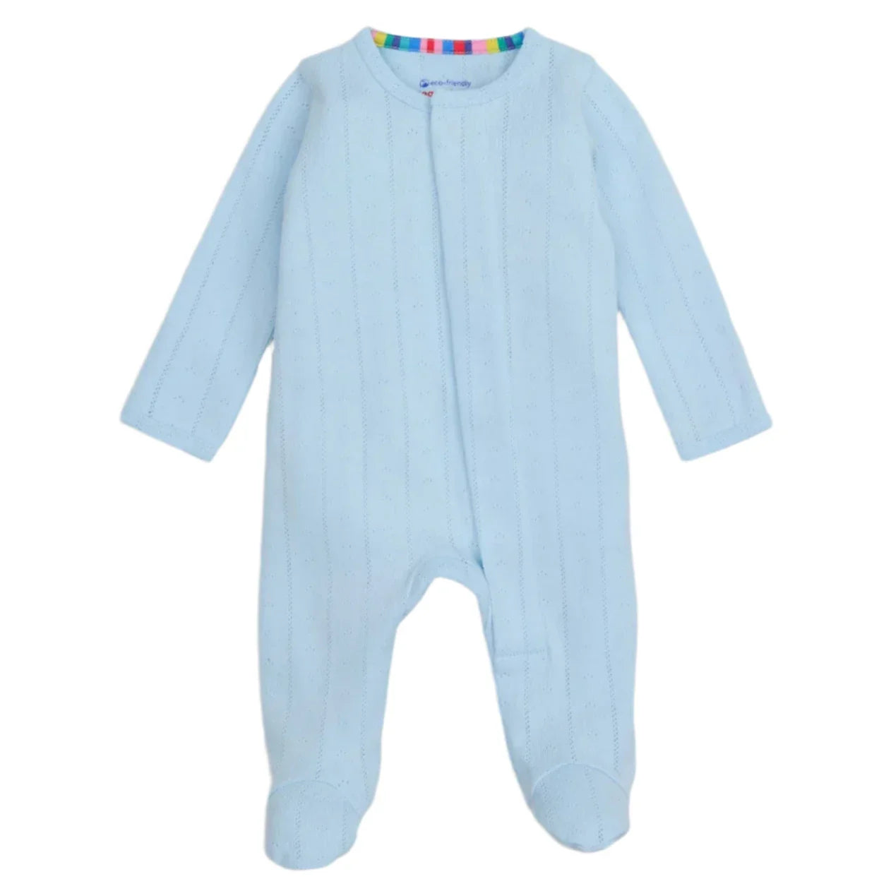 The Magnetic Me Love Lines Pointelle Footie is a light blue baby onesie featuring long sleeves and footed legs, made from organic cotton, and displayed against a white background.