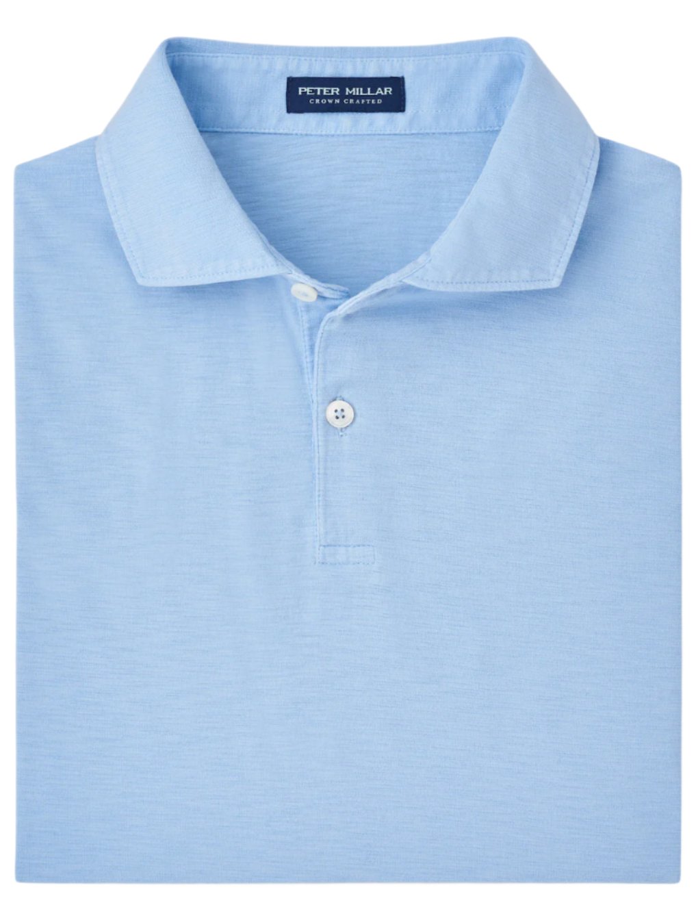 A neatly folded Peter Millar Journeyman Short-Sleeve Polo in light blue Pima cotton, designed with a cutaway collar and two buttons, featuring a subtle label at the back of the neck.