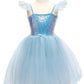 The Great Pretenders Sequins Princess Dress by Great Pretenders is a child's glamorous party dress displayed on a mannequin, featuring a sequin bodice, thin straps, sheer flutter sleeves, and a layered tulle skirt—perfect for special occasions.