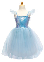 The Great Pretenders Sequins Princess Dress by Great Pretenders is a child's glamorous party dress displayed on a mannequin, featuring a sequin bodice, thin straps, sheer flutter sleeves, and a layered tulle skirt—perfect for special occasions.