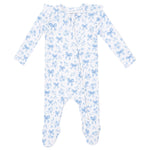 Angel Dear Baby Girls’ 2-Way Ruffle Sleeve Zipper Footie, featuring long sleeves and footed design, crafted from soft ribbed modal fabric and adorned with a delicate blue bow and flower pattern, displayed against a plain background.