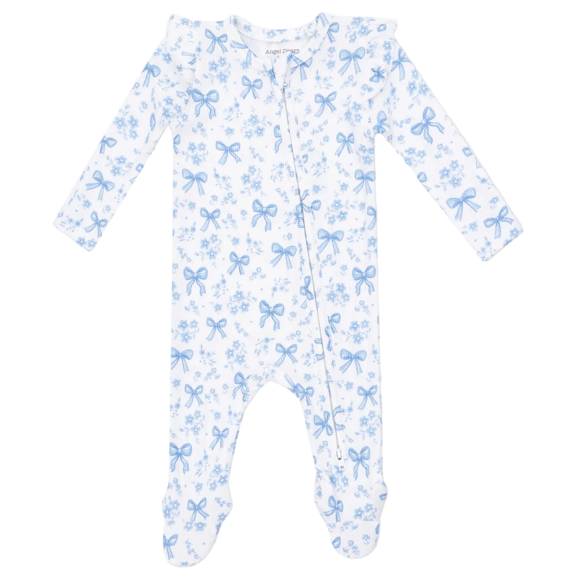 Angel Dear Baby Girls’ 2-Way Ruffle Sleeve Zipper Footie, featuring long sleeves and footed design, crafted from soft ribbed modal fabric and adorned with a delicate blue bow and flower pattern, displayed against a plain background.