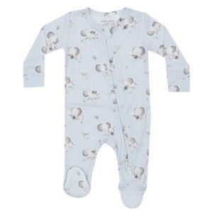 Angel Dear's Gray Elephants Blue 2-Way Zip Footie is a light blue infant onesie made from soft bamboo fiber fabric, featuring an elephant print design and offering the convenience of a diagonal zipper along with snaps on the left shoulder.