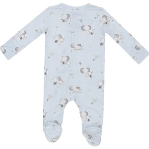 The Angel Dear Gray Elephants Blue 2-Way Zip Footie is a light blue baby onesie with long sleeves and fleece-lined footie bottoms, adorned with a delightful pattern of elephants and small trees.