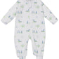 The Kissy Kissy Fairway Foursome Printed Zip Footie is a cozy onesie made from soft Pima cotton featuring a charming blue and green animal print, complete with a front zipper and footed design.