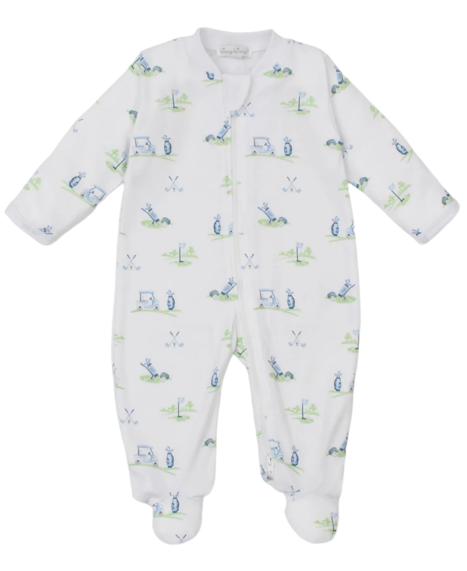 The Kissy Kissy Fairway Foursome Printed Zip Footie is a cozy onesie made from soft Pima cotton featuring a charming blue and green animal print, complete with a front zipper and footed design.