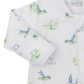 The Kissy Kissy Fairway Foursome Printed Zip Footie is a white baby onesie made from soft Pima cotton, featuring a charming golf-themed print with golf bags, flags, and crossed clubs in blue and green.