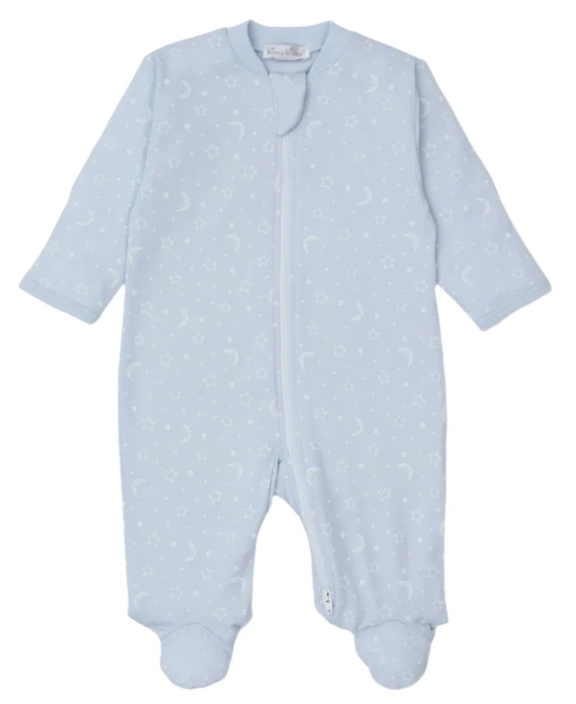 The Kissy Kissy Crescent Moonlight Printed Zip Footie is a light blue baby girl onesie crafted from soft Pima cotton. It features a zippered front and is adorned with a crescent moonlight and stars pattern, offering long sleeves and covered feet for added warmth and comfort.