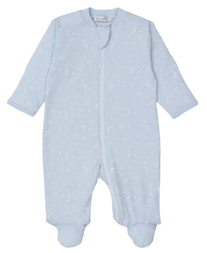 The Kissy Kissy Crescent Moonlight Printed Zip Footie is a light blue baby girl onesie crafted from soft Pima cotton. It features a zippered front and is adorned with a crescent moonlight and stars pattern, offering long sleeves and covered feet for added warmth and comfort.