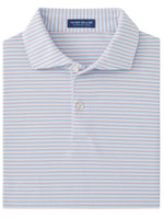 The Peter Millar Tempo Performance Mesh Polo, with light blue, white, and pink stripes, features a collar and buttons. It showcases the "Peter Millar" label and offers four-way stretch comfort, perfect for embracing classic golf style on the course.