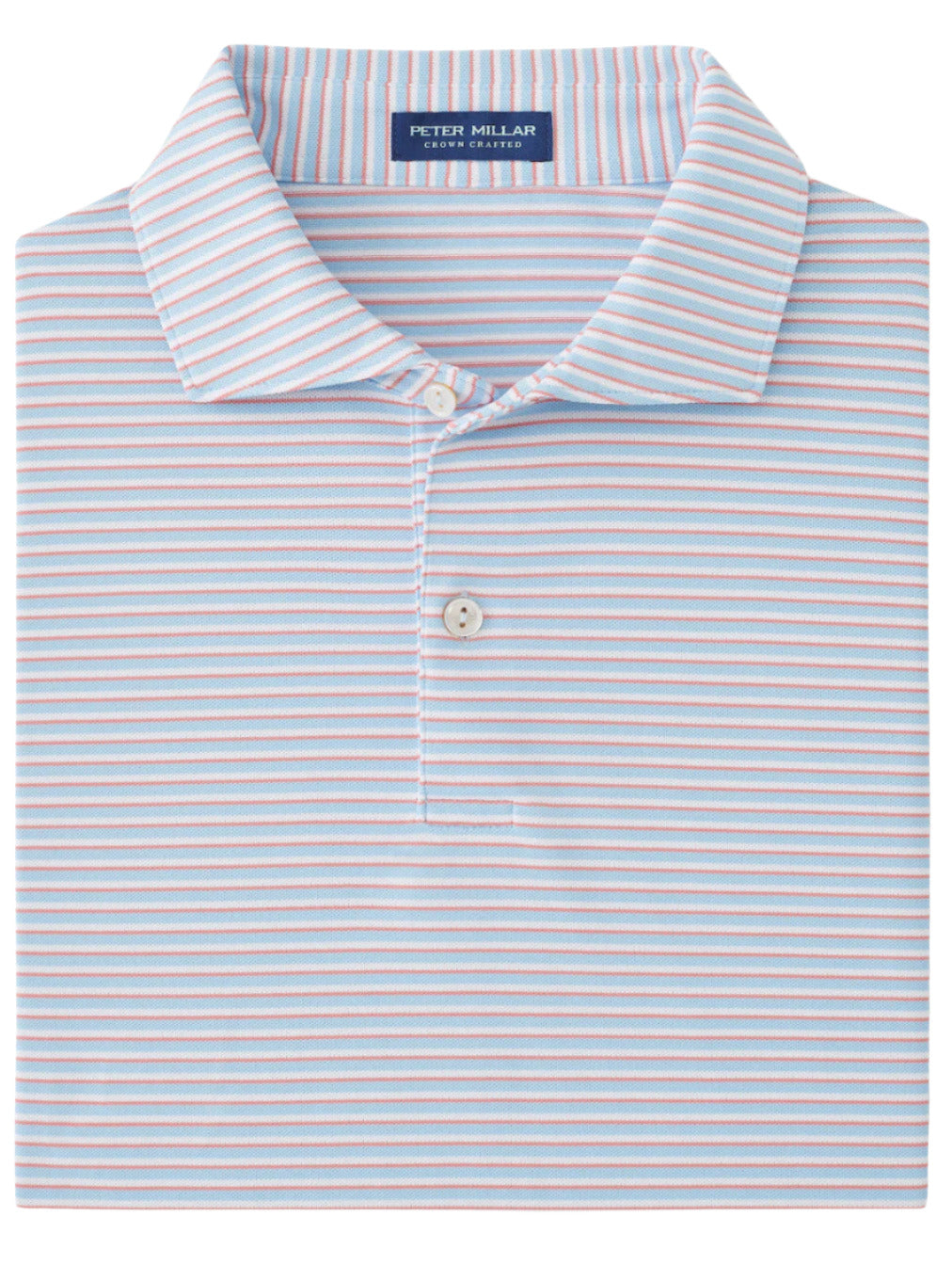 The Peter Millar Tempo Performance Mesh Polo, with light blue, white, and pink stripes, features a collar and buttons. It showcases the "Peter Millar" label and offers four-way stretch comfort, perfect for embracing classic golf style on the course.