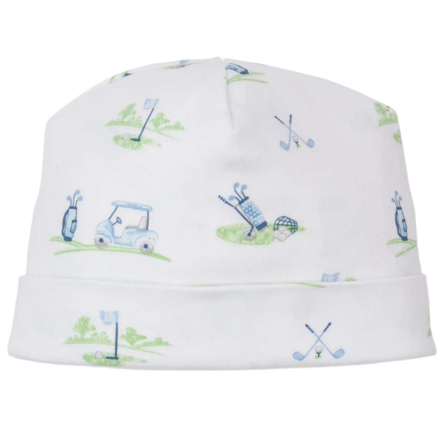 The Kissy Kissy Fairway Foursome Printed Hat is a cozy 100% Pima cotton golf hat featuring charming illustrations of clubs, carts, and flags—ideal for your little one!.