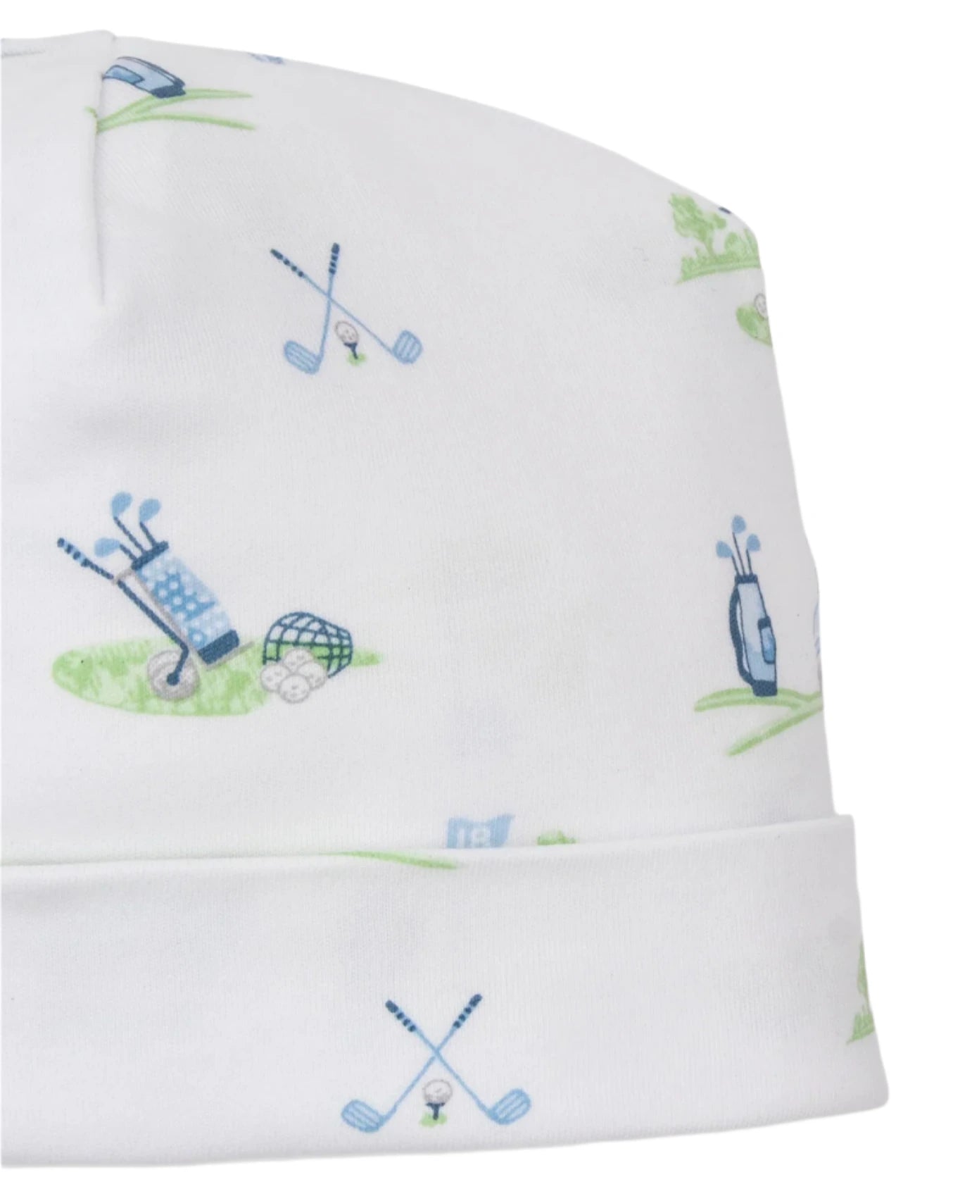 The Kissy Kissy Fairway Foursome Printed Hat, made from 100% Pima cotton, features charming golf-themed illustrations of clubs, bags, balls, and tees in soothing green and blue tones, perfect for your child’s adventures on or off the course.