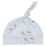 The Angel Dear Gray Elephants Blue Knotted Hat is adorned with gray elephant and tree illustrations and features an adjustable top knot for the perfect fit.