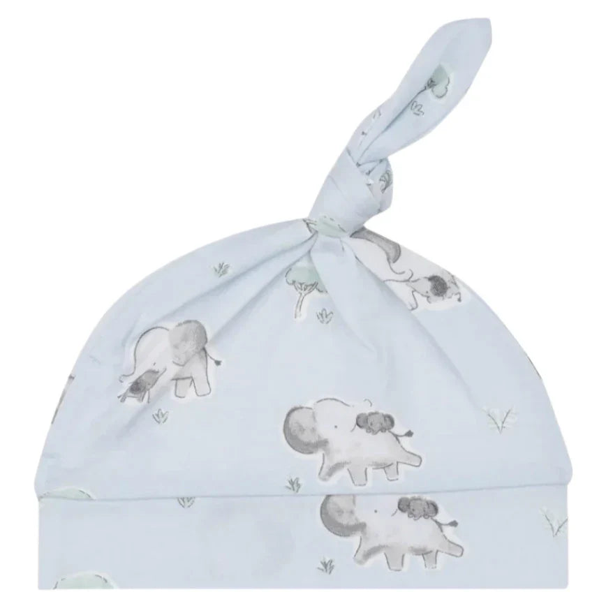 The Angel Dear Gray Elephants Blue Knotted Hat is a charming light blue baby hat adorned with an adorable elephant print. It's crafted with a comfortable blend of viscose from bamboo and spandex and features an adjustable knotted top for the perfect fit.