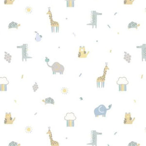 The Magnetic Me Blue Little Bitty Gown and Hat for newborns to 3 months features a delightful pattern of giraffes, elephants, alligators, and tortoises accompanied by suns and rainbows on a white background. It is crafted using eco-friendly TENCEL modal for a sustainable touch.