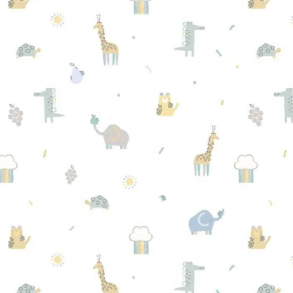 A playful baby blanket by Magnetic Me, the Magnetic-Me Blue Little Bitty Pretty One Blanket, showcasing a fun pattern of giraffes, elephants, crocodiles, hippos, tortoises, and rainbows on a white background.