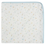 Introducing the Magnetic-Me Blue Little Bitty Pretty One Blanket by Magnetic Me—an eco-friendly TENCEL™ modal baby blanket that features a soft animal pattern with giraffes, elephants, and lions on a cream background. The light blue border around the edges makes it an ideal choice for a stroller blanket.