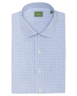 The neatly folded Sid Mashburn Spread Collar Dress Shirt features a blue and white checkered tattersall poplin design, buttons, and a green label inside.