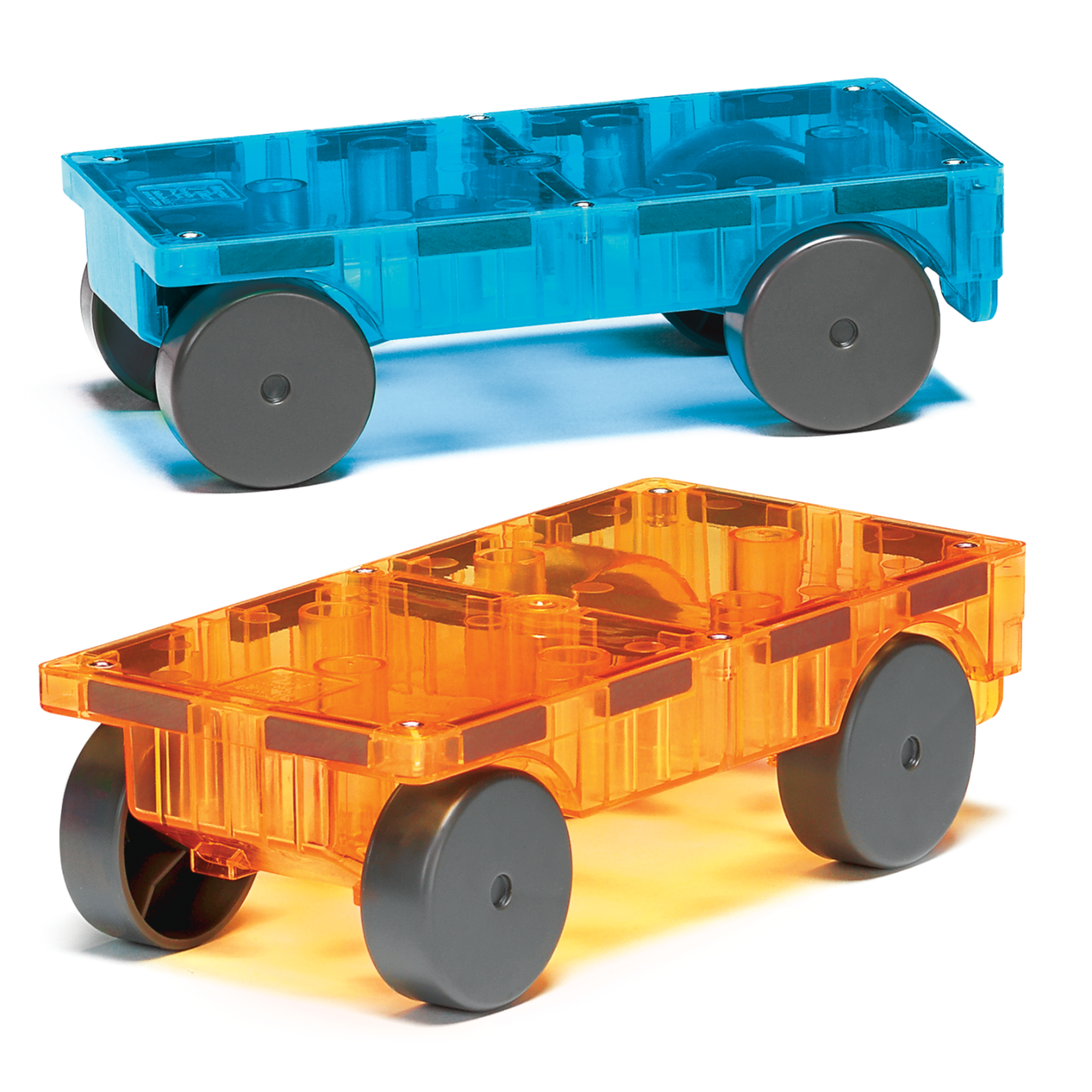 Box of Magnatiles MAGNA-TILES® Cars 2-Piece Expansion Set for ages 3-99, featuring translucent purple and red vehicle chassis with black wheels. Box includes two hazard warnings.