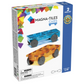 The MAGNA-TILES® Cars 2-Piece Expansion Set by Magnatiles features two toy cars with transparent plastic bodies, one green and one amber, each equipped with four black wheels, showcasing basic engineering concepts through their vehicle chassis design.