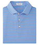 Discover the ultimate in summer comfort with the Peter Millar Dunnes Performance Jersey Polo. This blue and white striped polo features a folded collar, three buttons, and UPF 50+ protection to keep you cool and protected under the sun.