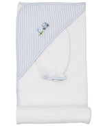 The Kissy Kissy Fairway Foursome Hooded Towel & Mitt Set by Kissy Kissy is a cute baby bath essential— a white hooded towel with charming blue and white stripes on the hood, featuring an embroidered car and tree.