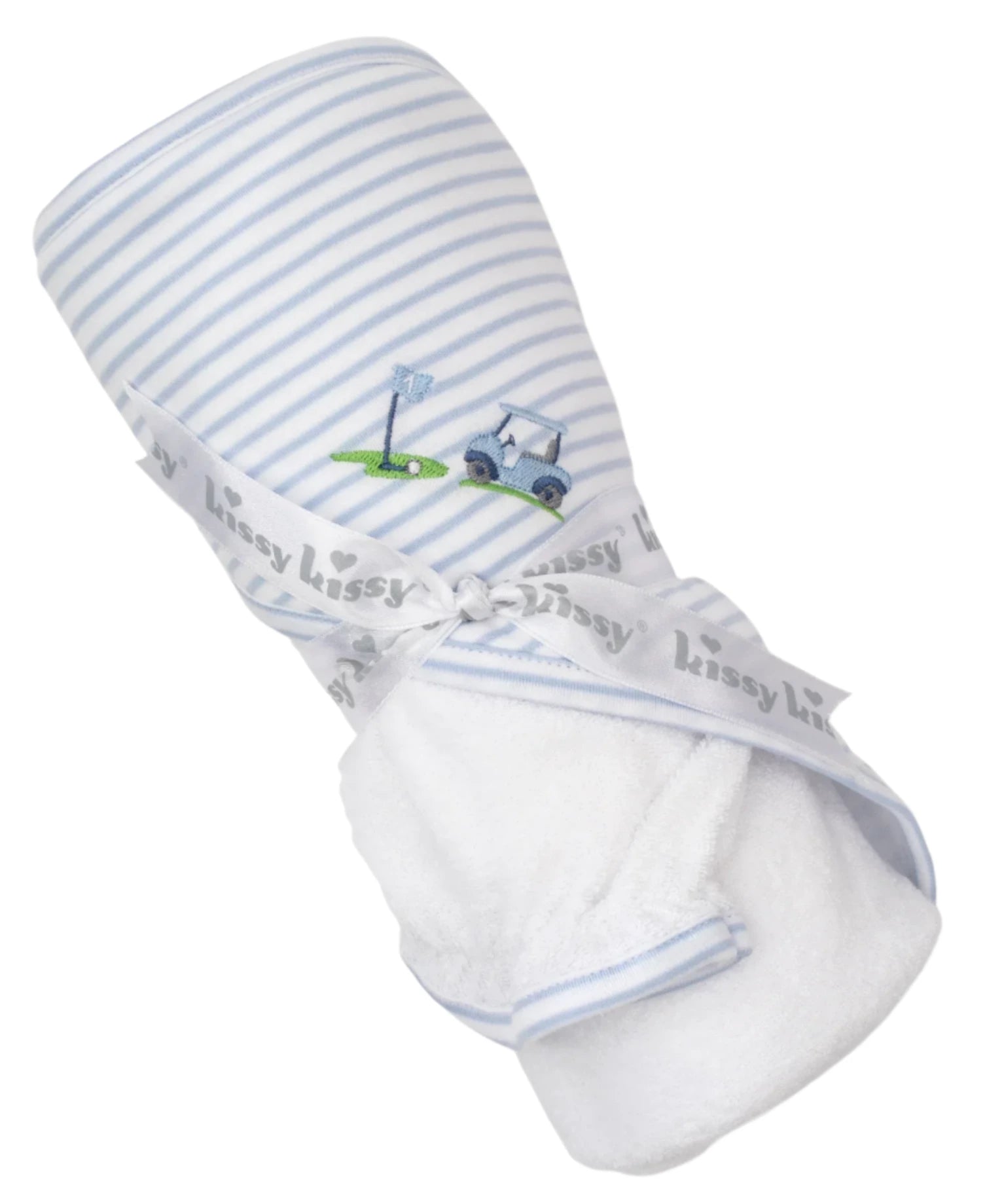 The Kissy Kissy Fairway Foursome Hooded Towel & Mitt Set features a charming golf cart and flag design in blue and white stripes, tied with a ribbon. It's perfect for golf-themed baby bathtime fun.