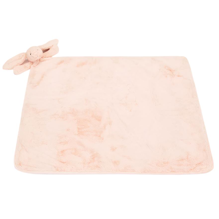 A soft, light pink baby blanket made from recycled fibers, featuring a small attached plush bunny in one corner—perfect as the Jellycat Bashful Blush Bunny Blankie baby gift.