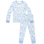 The Joy Street Boys' Boats Two Piece Pajamas feature long sleeves and pants with a blue and white sailboat pattern and striped cuffs, shown laid flat on a white background.