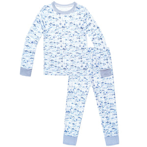 The Joy Street Boys' Boats Two Piece Pajamas feature long sleeves and pants with a blue and white sailboat pattern and striped cuffs, shown laid flat on a white background.
