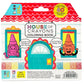 The "Bright Stripes House of Crayons" coloring book cover showcases cartoon characters peeking from windows, a vibrant blue door, and announces 60 delightful coloring pages. Included in the activity set are jumbo crayons plus charity donation details at the bottom.