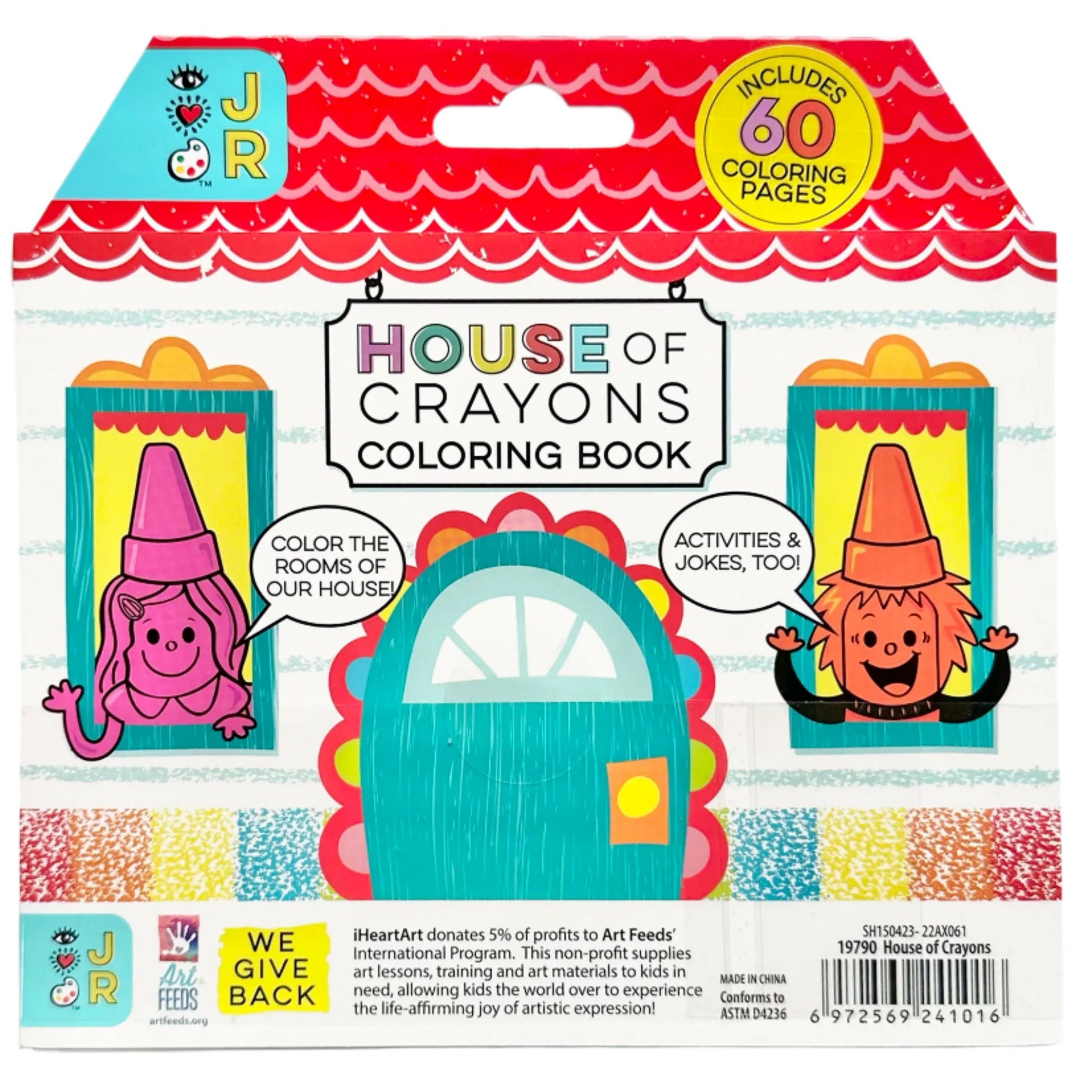 The "Bright Stripes House of Crayons" coloring book cover showcases cartoon characters peeking from windows, a vibrant blue door, and announces 60 delightful coloring pages. Included in the activity set are jumbo crayons plus charity donation details at the bottom.