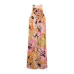 The Floral Dream Dress by Dorothee Schumacher is a sleeveless viscose georgette dress featuring a bold pink and orange floral print, high neckline, and a fabric flower detail at the collar.
