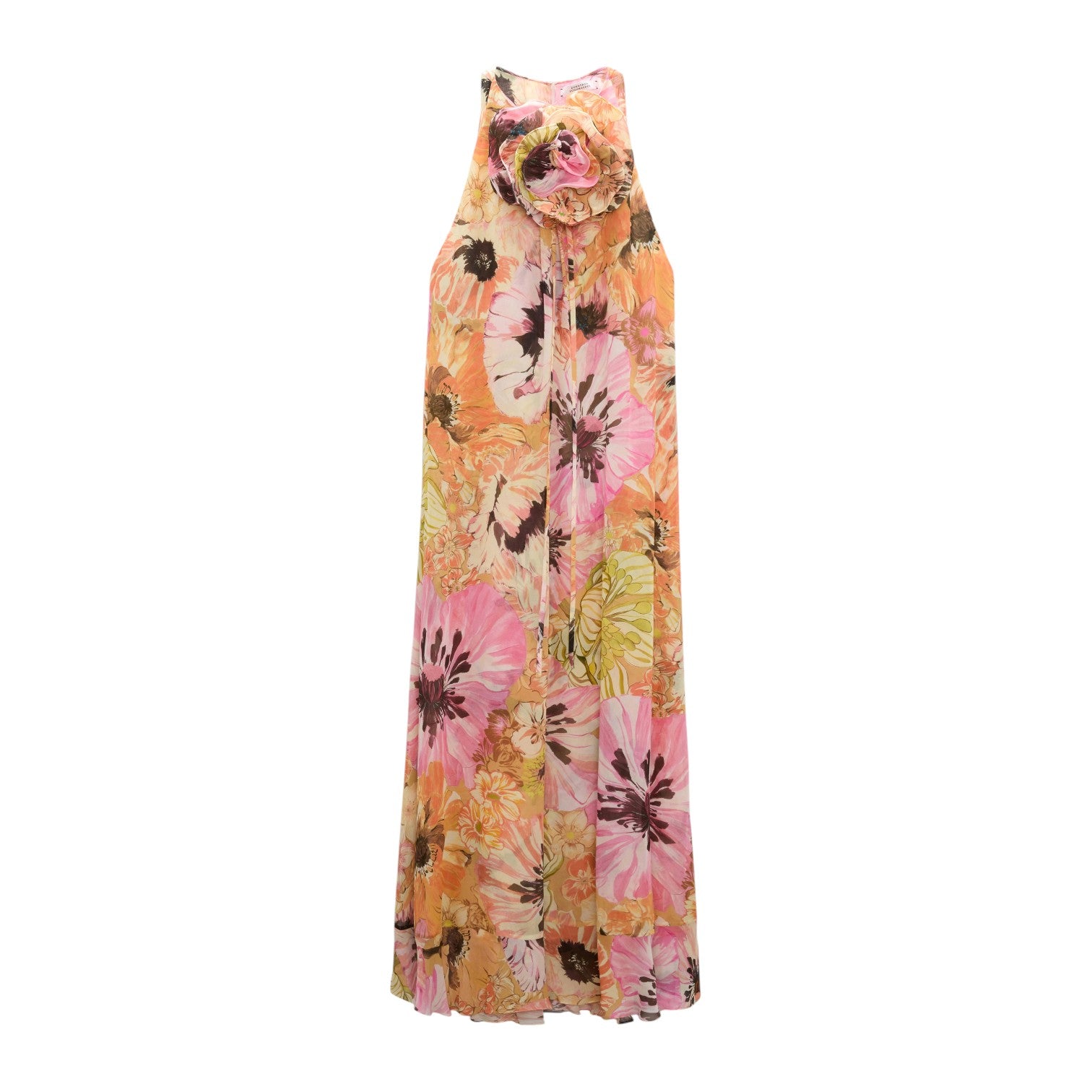 The Floral Dream Dress by Dorothee Schumacher is a sleeveless viscose georgette dress featuring a bold pink and orange floral print, high neckline, and a fabric flower detail at the collar.