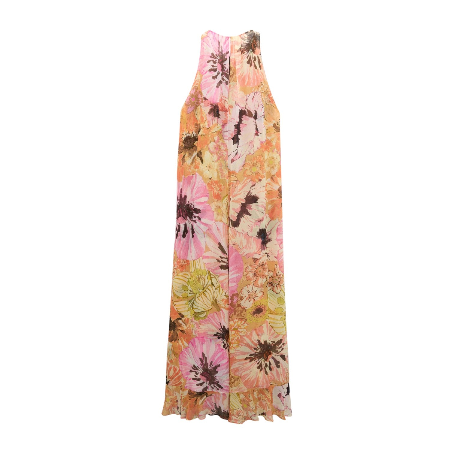 The Floral Dream Dress by Dorothee Schumacher is a sleeveless viscose georgette design with a bold floral print in pink, orange, yellow, and brown on a white background.
