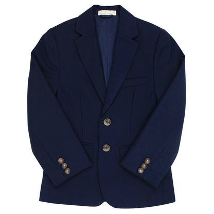 The Beaufort Bonnet Company Boys' Booker Blazer in Nantucket Navy features notch lapels, two front buttons, three sleeve buttons, and a chest pocket—classic prep style displayed on a white background.